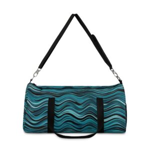 Duffel bag with teal and black wave pattern and adjustable shoulder strap