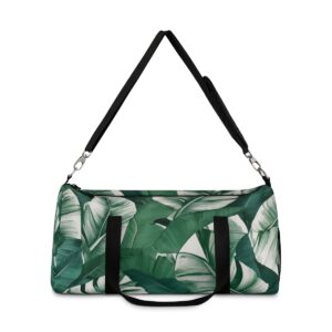 duffel bag with green banana leaf pattern and detachable shoulder strap