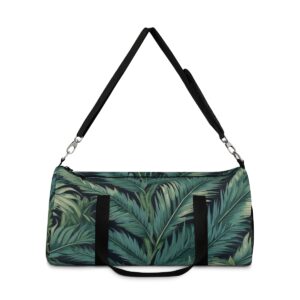 duffel bag with tropical palm frond pattern and detachable shoulder strap