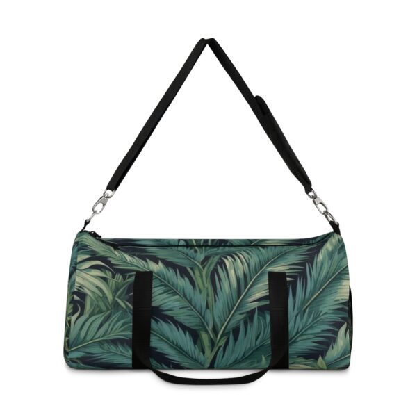 duffel bag with tropical palm frond pattern and detachable shoulder strap