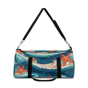 duffel bag with ocean waves, starfish, and seashell design and detachable shoulder strap