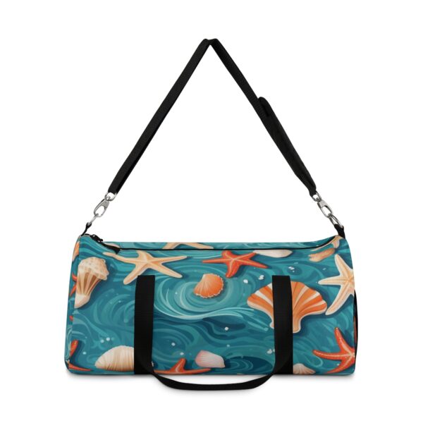 duffel bag with ocean wave, starfish, and seashell pattern and detachable shoulder strap