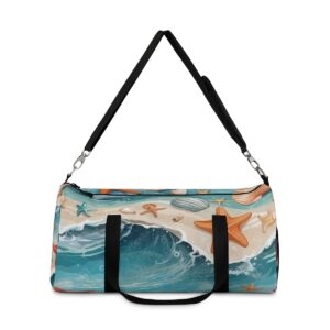 duffel bag with beach wave, starfish, and seashell design and detachable shoulder strap