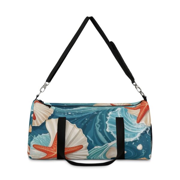 duffel bag with ocean wave, starfish, and seashell design and detachable shoulder strap