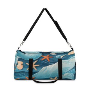 duffel bag with ocean wave, starfish, and seashell pattern and detachable shoulder strap