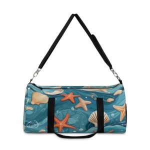 duffel bag with ocean wave, starfish, and seashell design and detachable shoulder strap