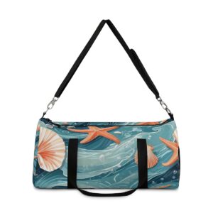 duffel bag with ocean wave, starfish, and seashell pattern and detachable shoulder strap