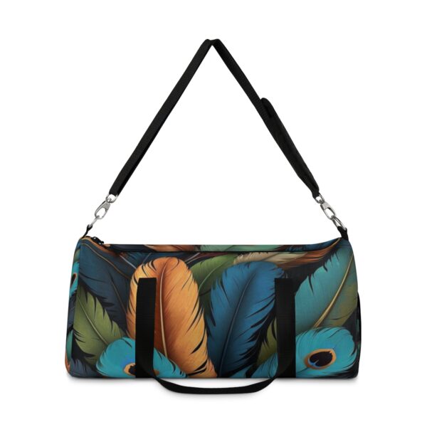 duffel bag with vibrant peacock and exotic bird feather pattern and detachable shoulder strap