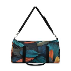 duffel bag with colorful exotic bird feather pattern and detachable shoulder strap