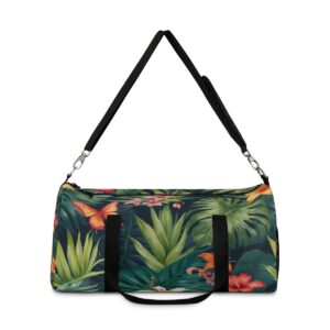 duffel bag with tropical leaf and flower design and detachable shoulder strap