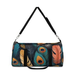 duffel bag with colorful peacock and exotic bird feather pattern and detachable shoulder strap