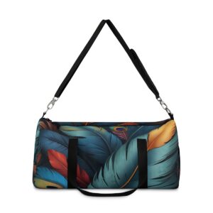 duffel bag with bold colorful exotic bird feather pattern and detachable shoulder strap