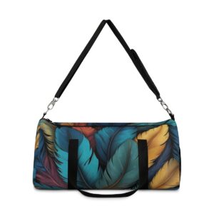 duffel bag with vibrant exotic bird feather pattern and detachable shoulder strap