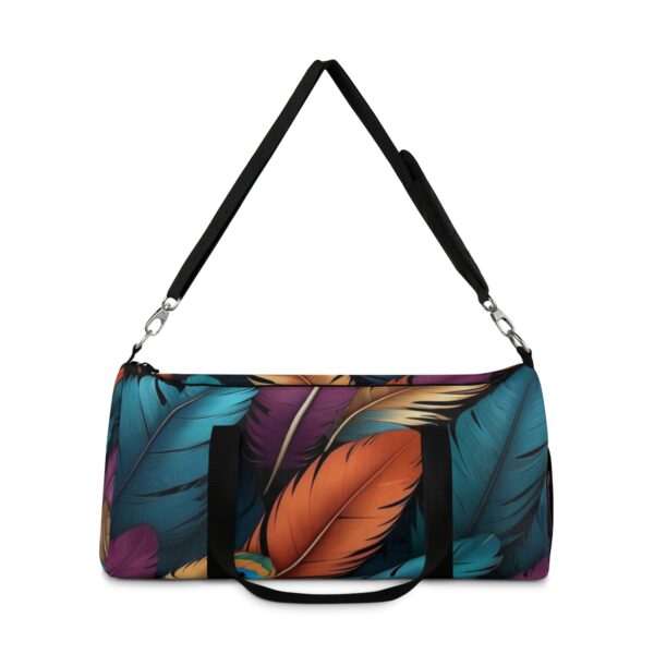 duffel bag with colorful exotic bird feather pattern and detachable shoulder strap