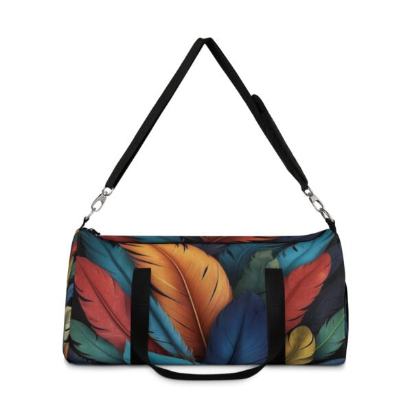 duffel bag with colorful exotic bird feather design and detachable shoulder strap