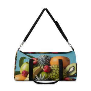 duffel bag with tropical fruit design featuring pineapple, kiwi, and oranges and detachable shoulder strap