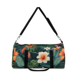 duffel bag with tropical floral pattern and detachable shoulder strap