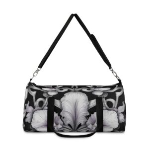 duffel bag with monochrome orchid flower design and detachable shoulder strap