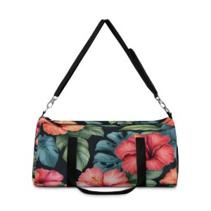 Duffel bag with vibrant hibiscus floral design and detachable shoulder strap