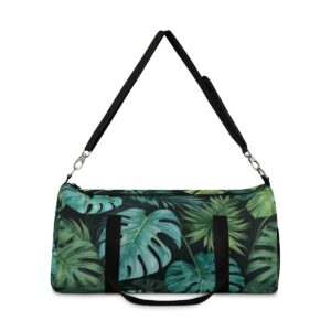 Duffel bag with tropical green leaf pattern and detachable shoulder strap