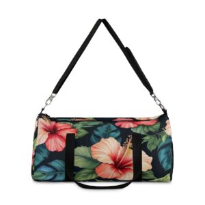 Duffel bag with vibrant hibiscus flower pattern and detachable shoulder strap