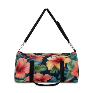 Duffel bag with bold hibiscus floral design and detachable shoulder strap