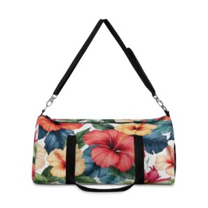 Duffel bag with colorful hibiscus floral pattern and detachable shoulder strap