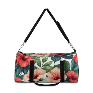 Duffel bag with vibrant hibiscus flower pattern and detachable shoulder strap