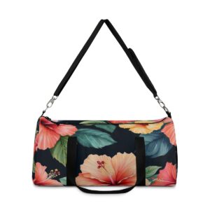 Duffel bag with hibiscus floral design and detachable shoulder strap