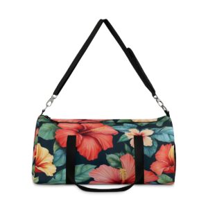 Duffel bag with vibrant hibiscus floral pattern and detachable shoulder strap