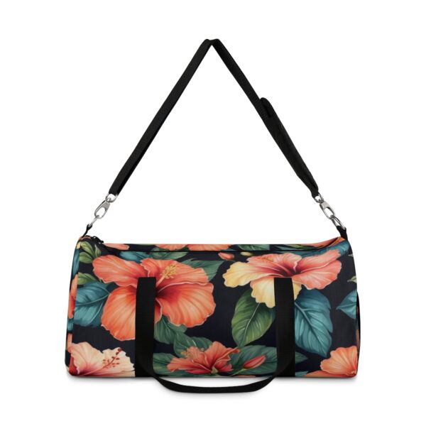 Duffel bag with hibiscus flower design and detachable shoulder strap