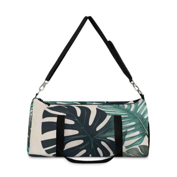 Duffel bag with large Monstera leaf design and detachable shoulder strap