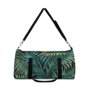 Duffel bag with palm frond design and detachable shoulder strap