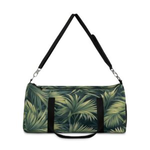 duffel bag with lush tropical palm frond design and detachable shoulder strap