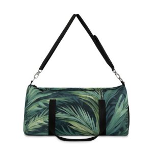 duffel bag with green tropical palm frond design and detachable shoulder strap