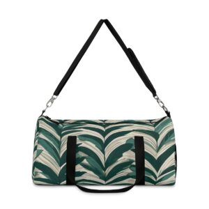 duffel bag with bold palm frond pattern and detachable shoulder strap