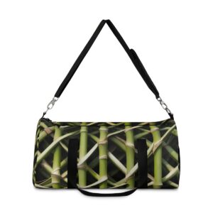 duffel bag with green bamboo stalk design and detachable shoulder strap