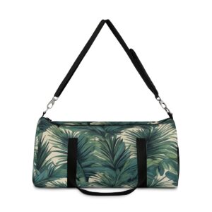 duffel bag with tropical palm leaf design and detachable shoulder strap