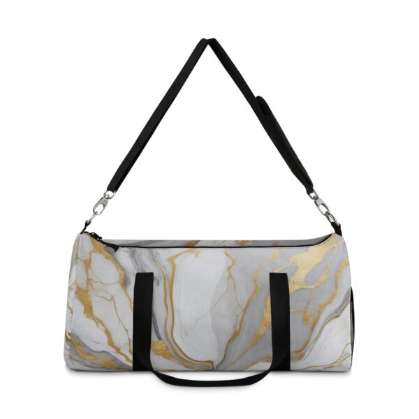 Duffel bag with elegant gold marble texture and adjustable shoulder strap