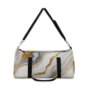 Duffel bag with gold-veined marble texture and adjustable shoulder strap