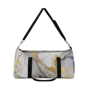 Duffel bag with luxurious gold-accented marble texture and adjustable shoulder strap