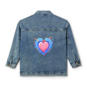 Denim jacket with a colorful geometric heart design on the back