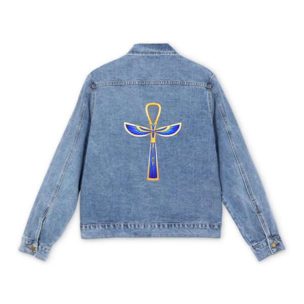 Light blue denim jacket with a colorful Egyptian Ankh design on the back