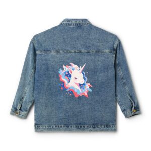 Denim jacket with a colorful unicorn design on the back