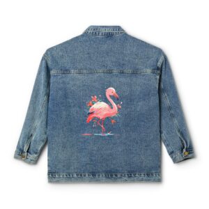 Denim jacket with a colorful flamingo design on the back