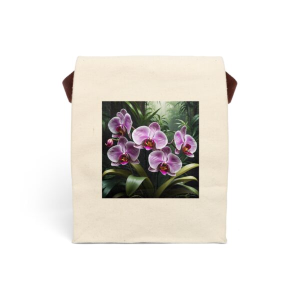 Canvas lunch bag with strap featuring a purple orchid flower design