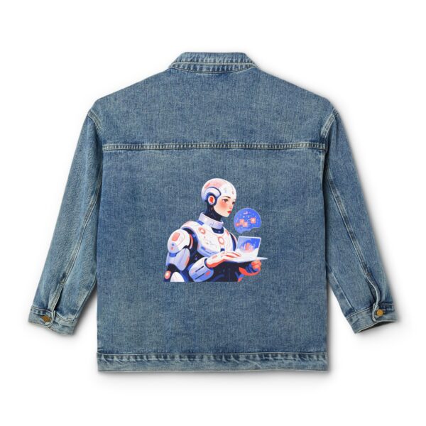 Denim jacket with a robot reading a book, symbolizing artificial intelligence, on the back