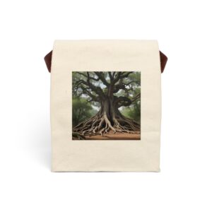 Canvas lunch bag with strap featuring a grand tree with sprawling exposed roots design