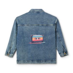 Denim jacket with a colorful cassette tape design on the back