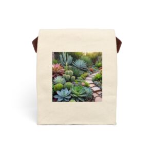 Canvas lunch bag with vibrant cactus and succulent garden pathway design.